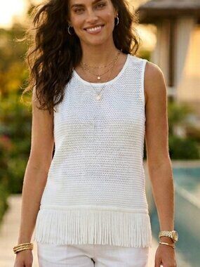 1.STATE White Crochet Fringe Top XL NWT | Open Knit Resort Coastal Boho